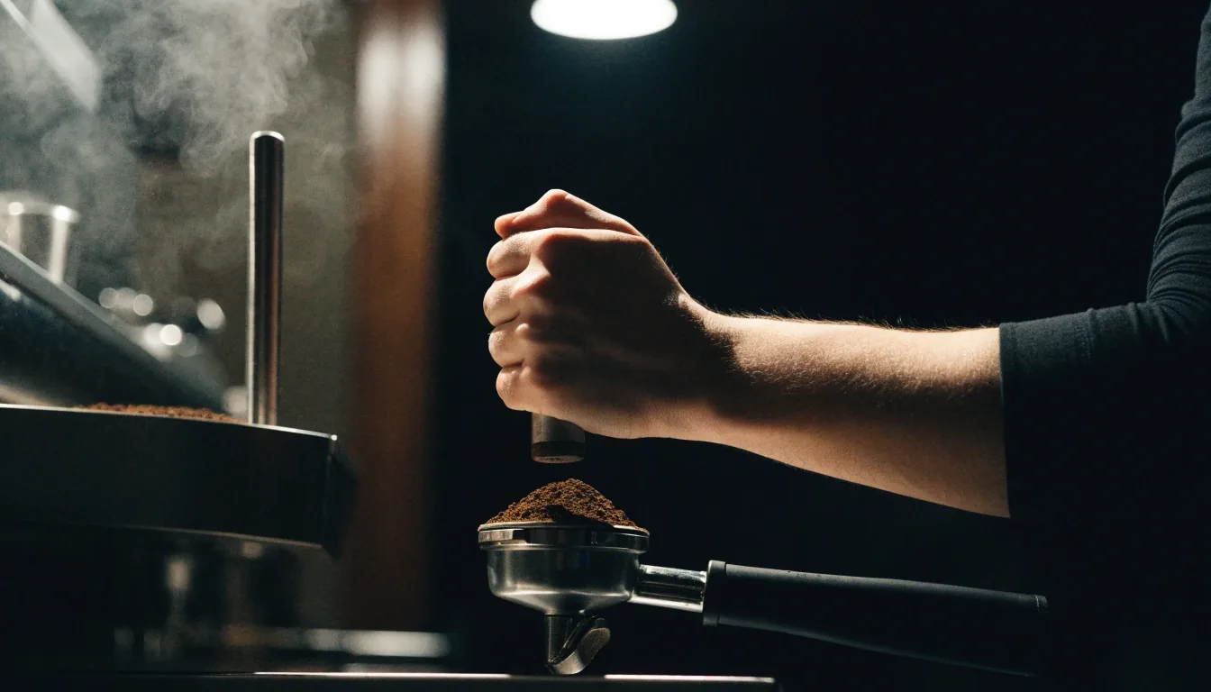 Barista ubija kawę przy ciemnej ladzie kawiarni w Katowicach