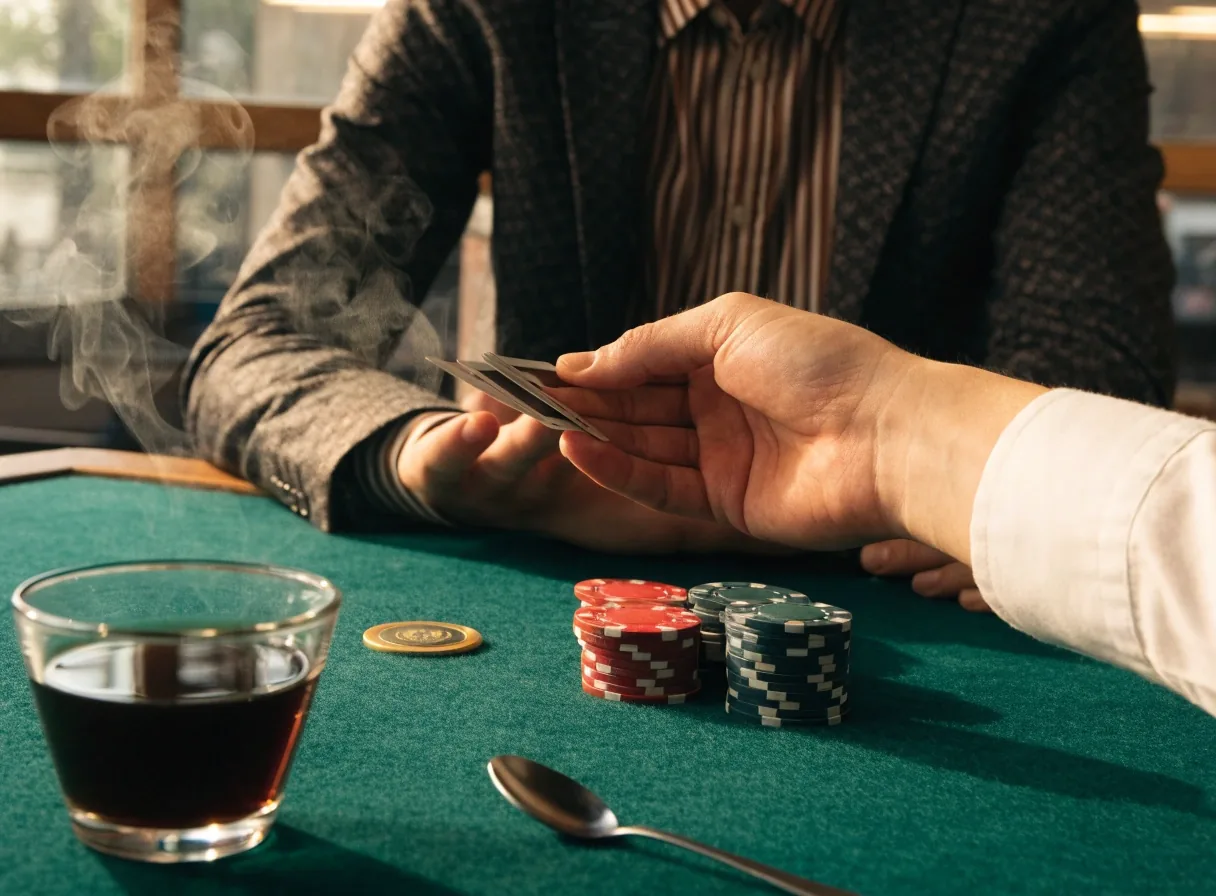 Dwie karty własne i chip przy stoliku podczas Texas Hold'em