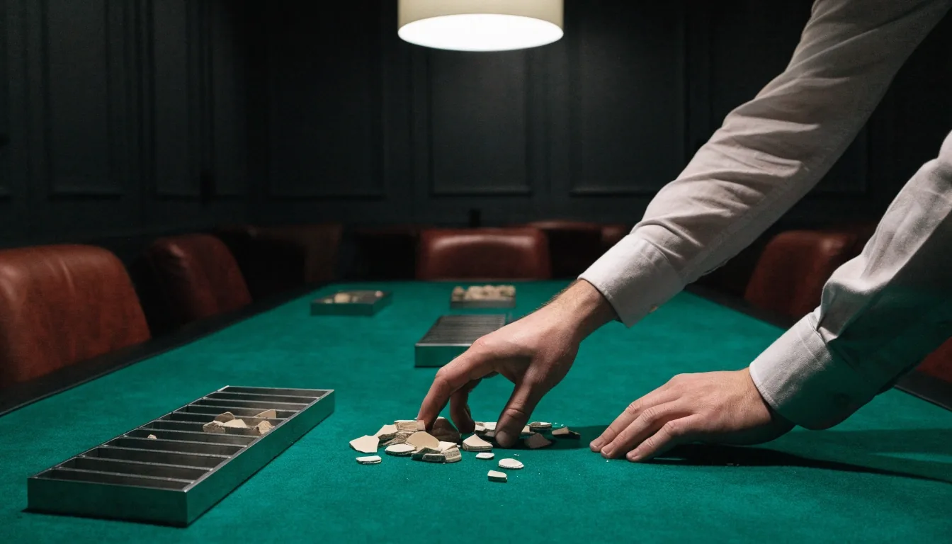 Sala pokerowa po zakończeniu gry — żetony i karty na filcowym stole w chłodnym świetle