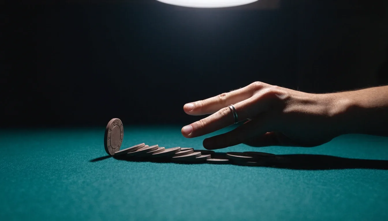 Dłoń rozdającego przesuwająca żetony po suknie stołu w sali pokerowej Clair Bastion