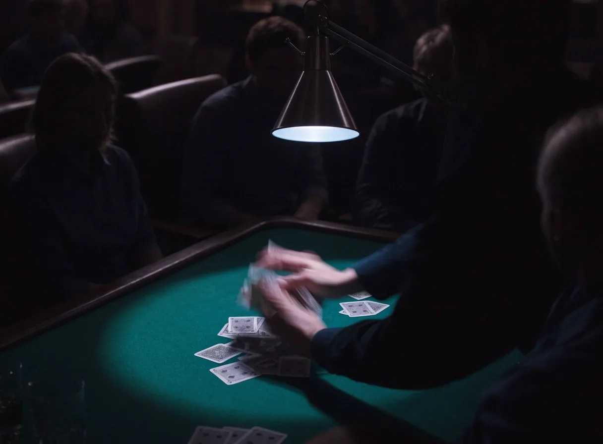 Stół w sali pokerowej Clair Bastion oświetlony pojedynczą lampą podczas wieczornej sesji